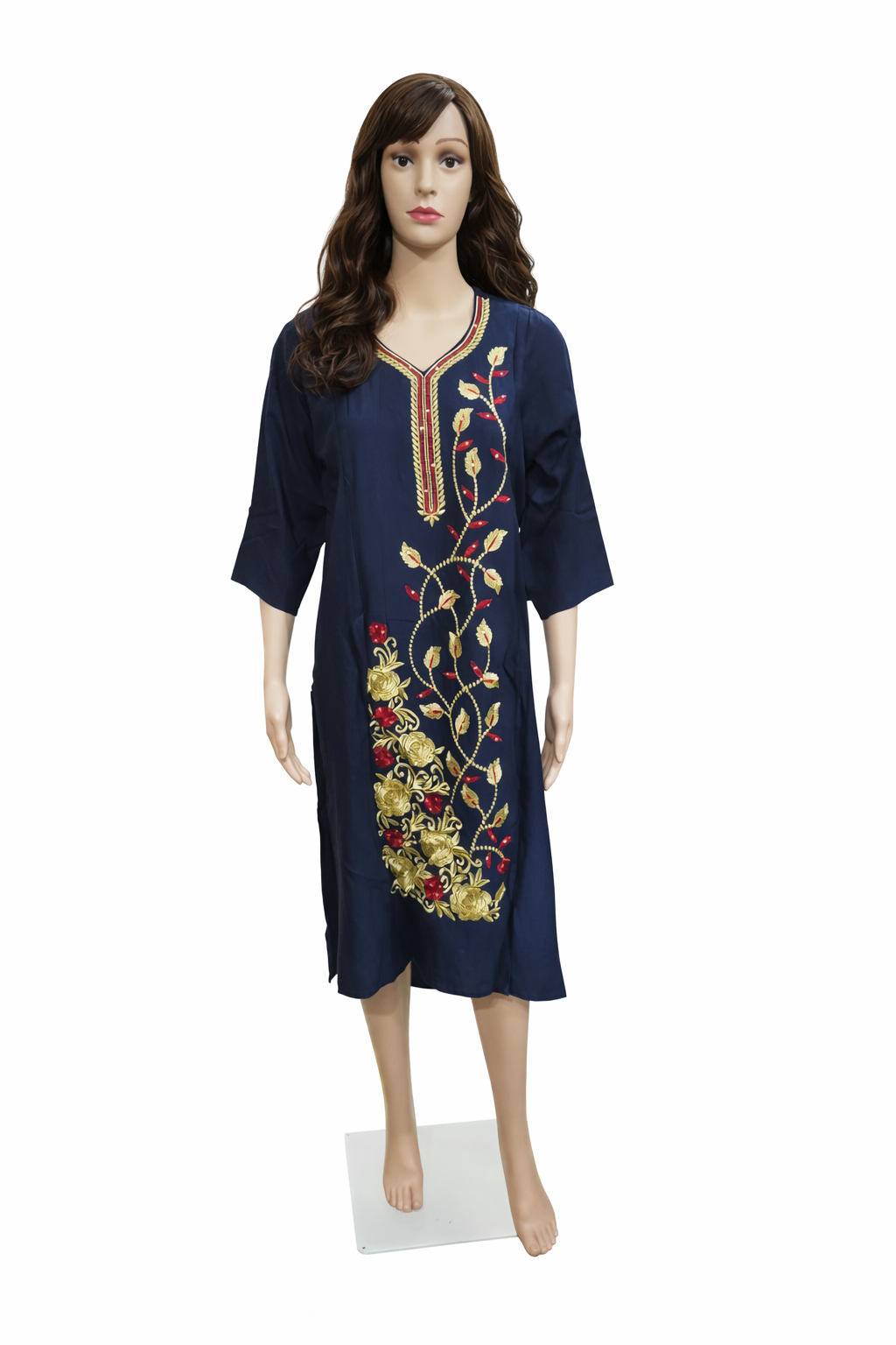 Navy Blue Cotton Kurti with Ornate Gold and Red Floral Embroidery