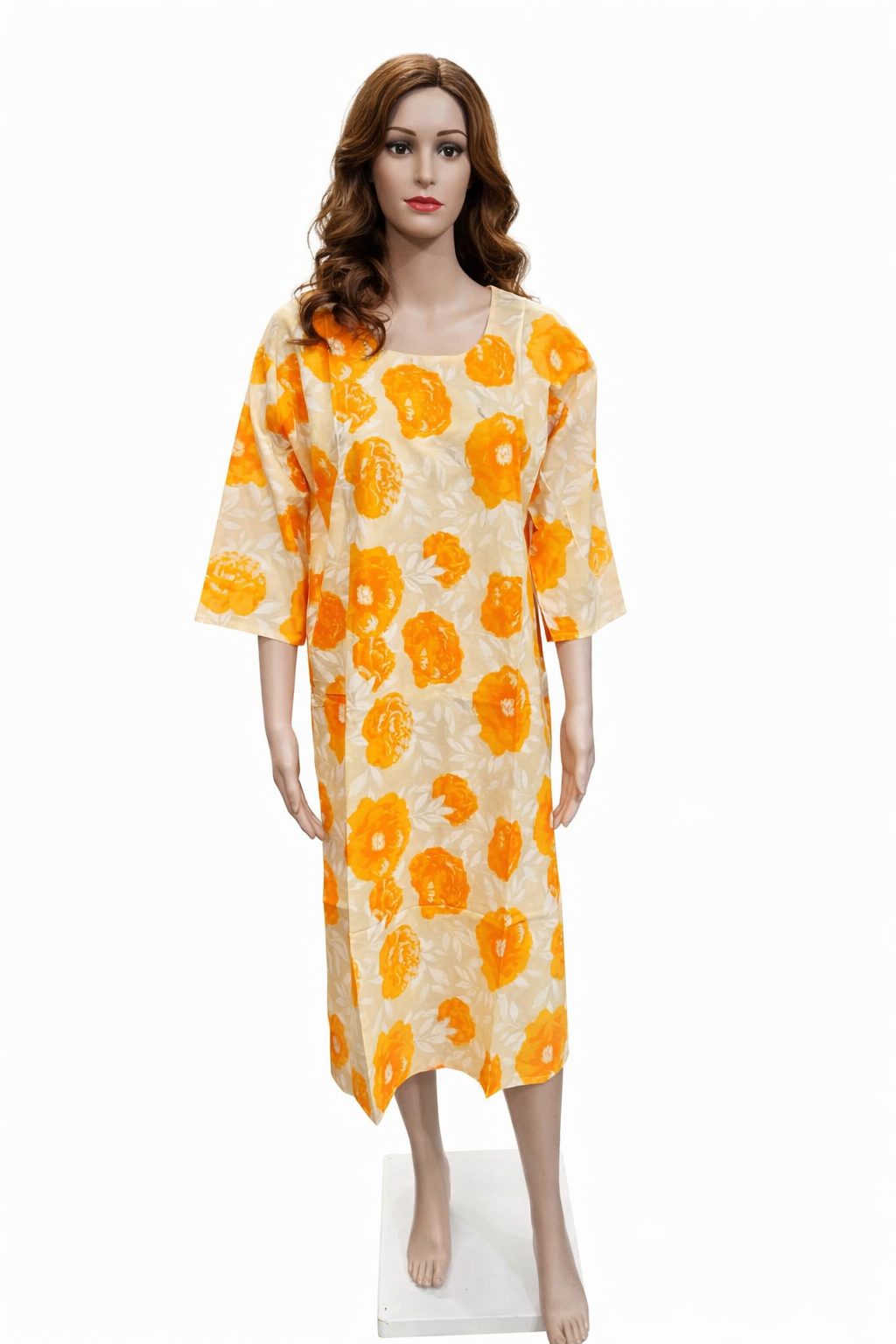 Pastel Cream Kurti with Bold Orange Floral Bloom Print