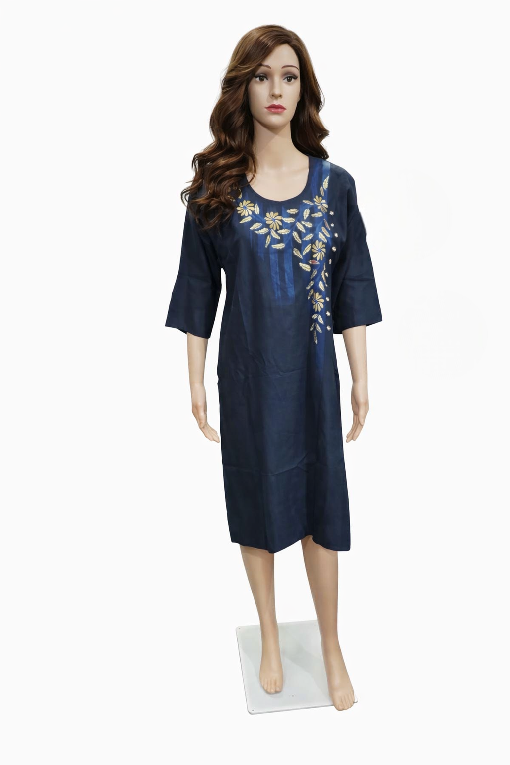 Elegant Navy Blue Cotton Kurti with Golden Floral Embroidery