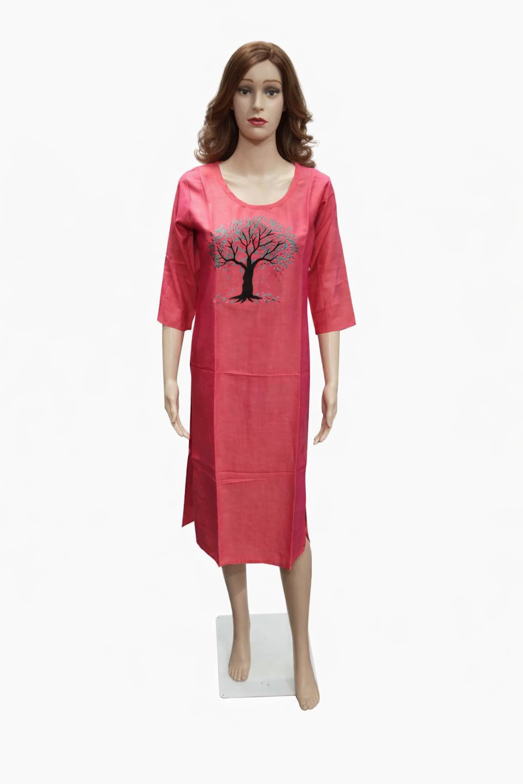 Sea Green Cotton Kurti with Artistic Tree Embroidery