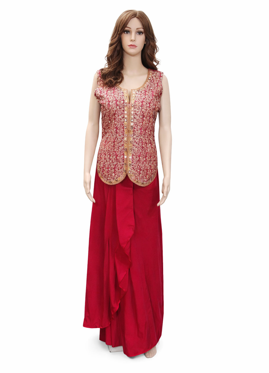 Elegant Crimson Red Indo-Western Draped Skirt Set with Embroidered Sleeveless Jacket