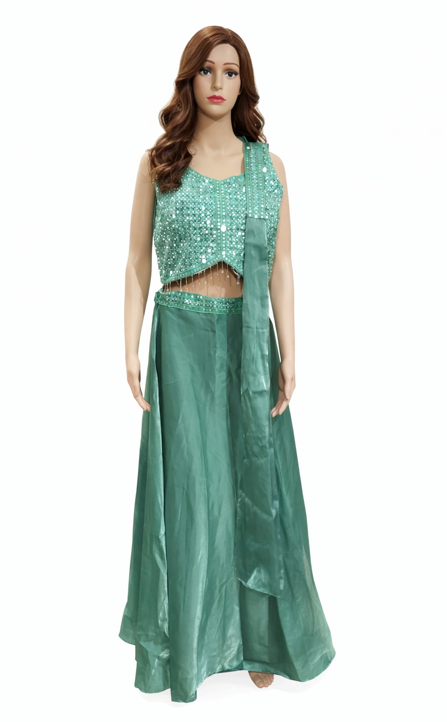 Sea Green Sequin Crop Top and Lehenga Skirt Set with Dupatta