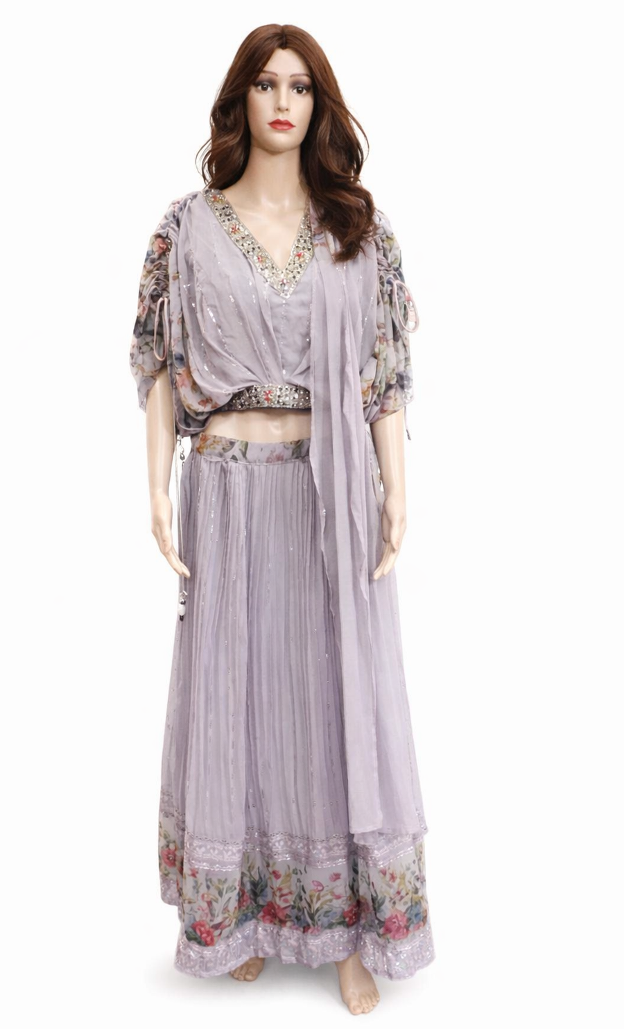 Mauve Crinkle-Georgette Indo-Western Lehenga Set with Embroidered V-Neck Top and Attached Dupatta