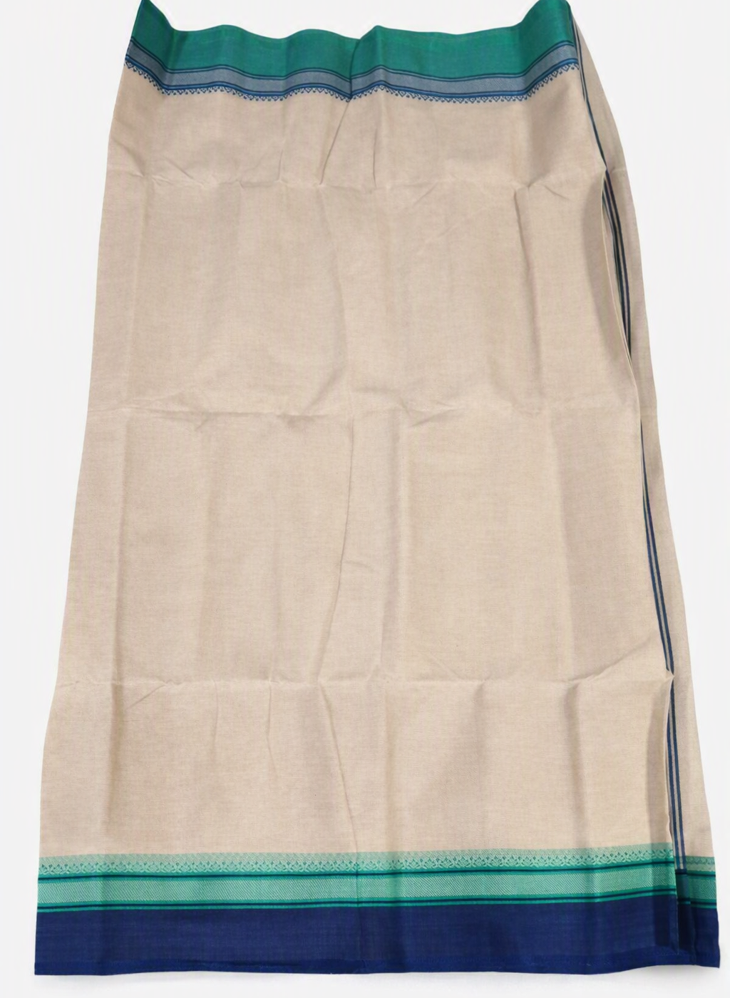 Elegant Off-White / Beige Fulia Tant Saree with Sea Green & Navy Blue Border