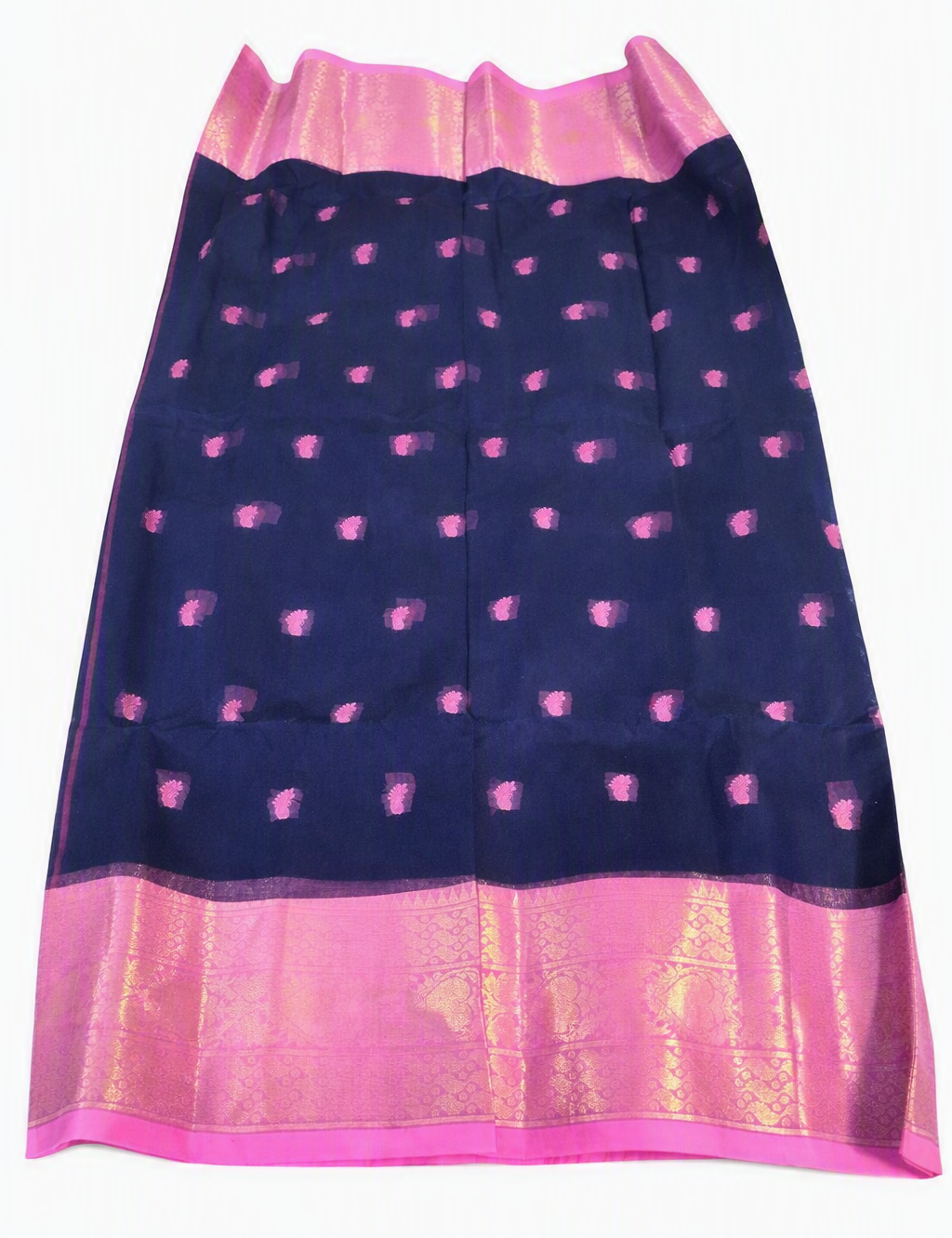 Navy Blue Fulia Tant Chanderi Cotton-Silk Saree with Rani Pink Zari Border & Paisley Buttis