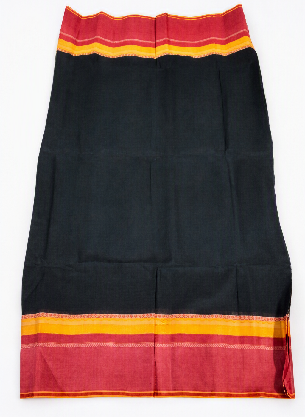 Classic Jet Black Fulia Tant Cotton-Silk Saree with Crimson Red & Mustard Yellow Temple Border