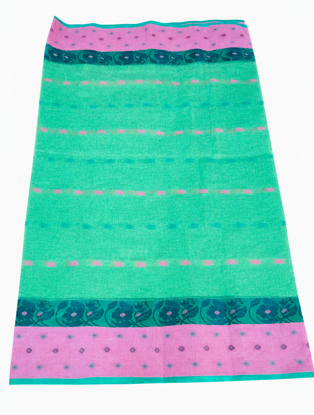 Sea Green Cotton Fulia Tant Saree with Baby Pink Floral Border & Striped Motifs