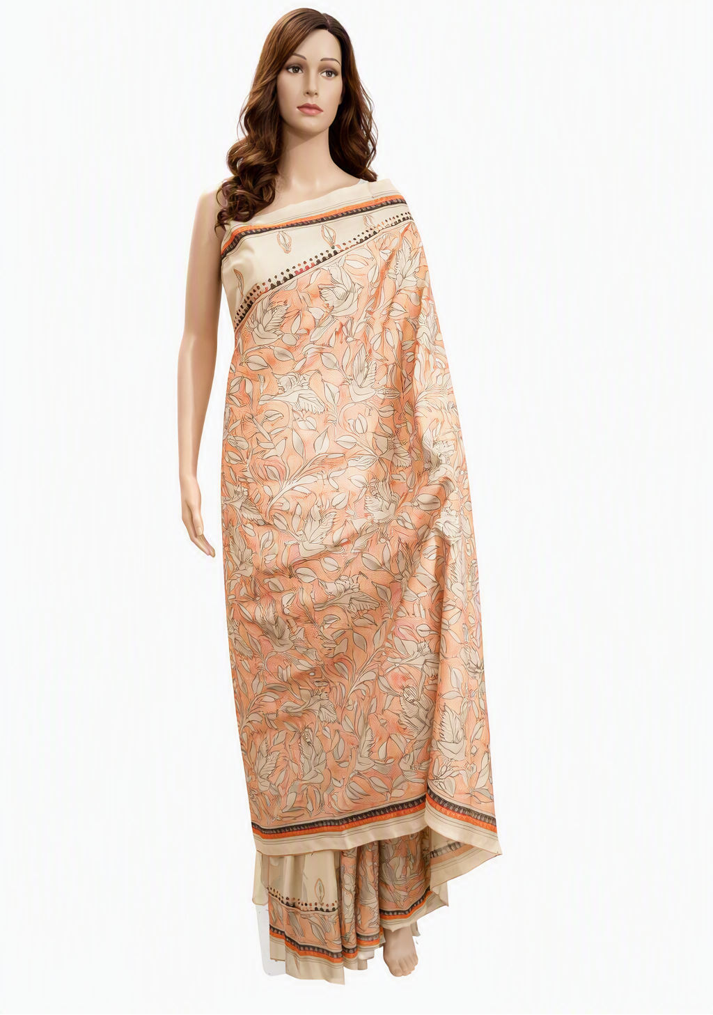 Beige Wilderness Floral Drape Blended Bangalore Silk Kantha Stitch Saree with Blouse Piece