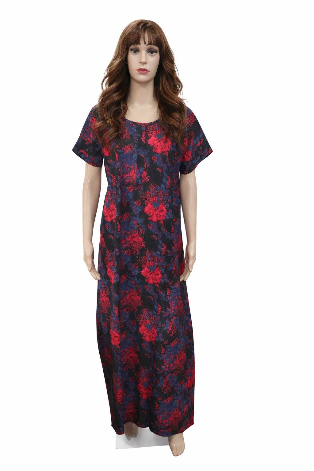 Navy Blue & Red Floral Cotton Nighty