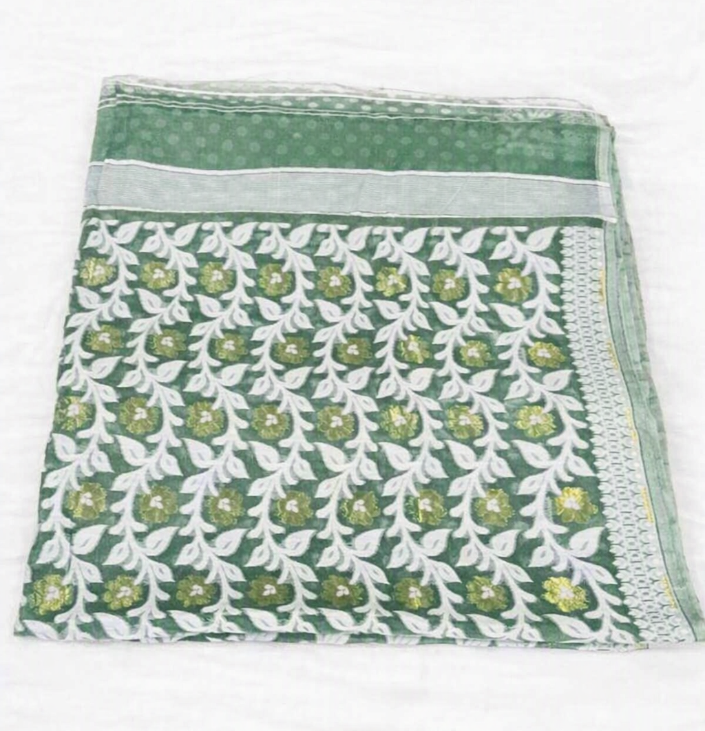 Deep Green Soft Jamdani Cotton-Silk Saree with White Floral Jaal & Zari Motifs