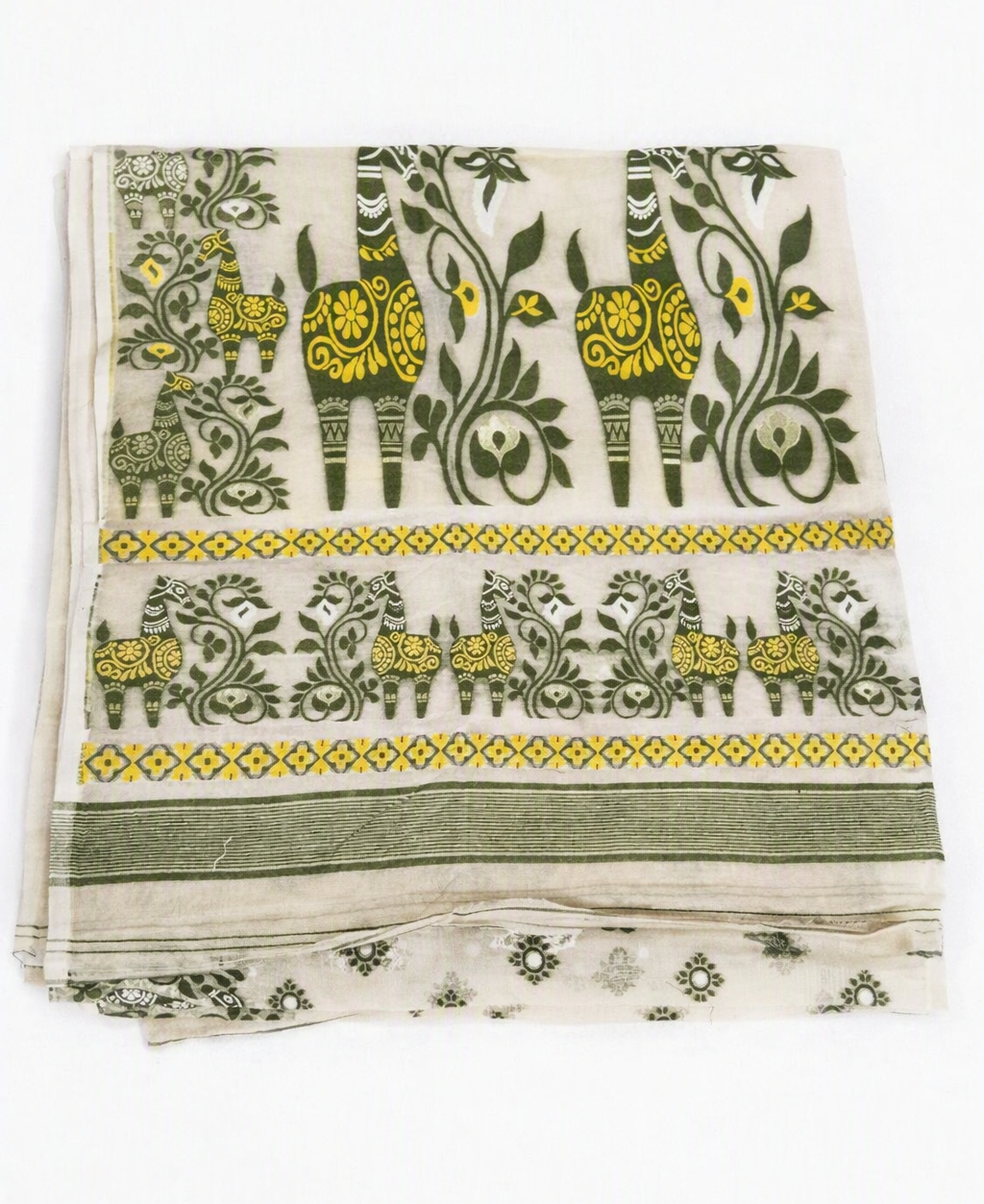 Off-White Cotton Jamdani Saree with Olive Green & Yellow Giraffe Motif Weaving