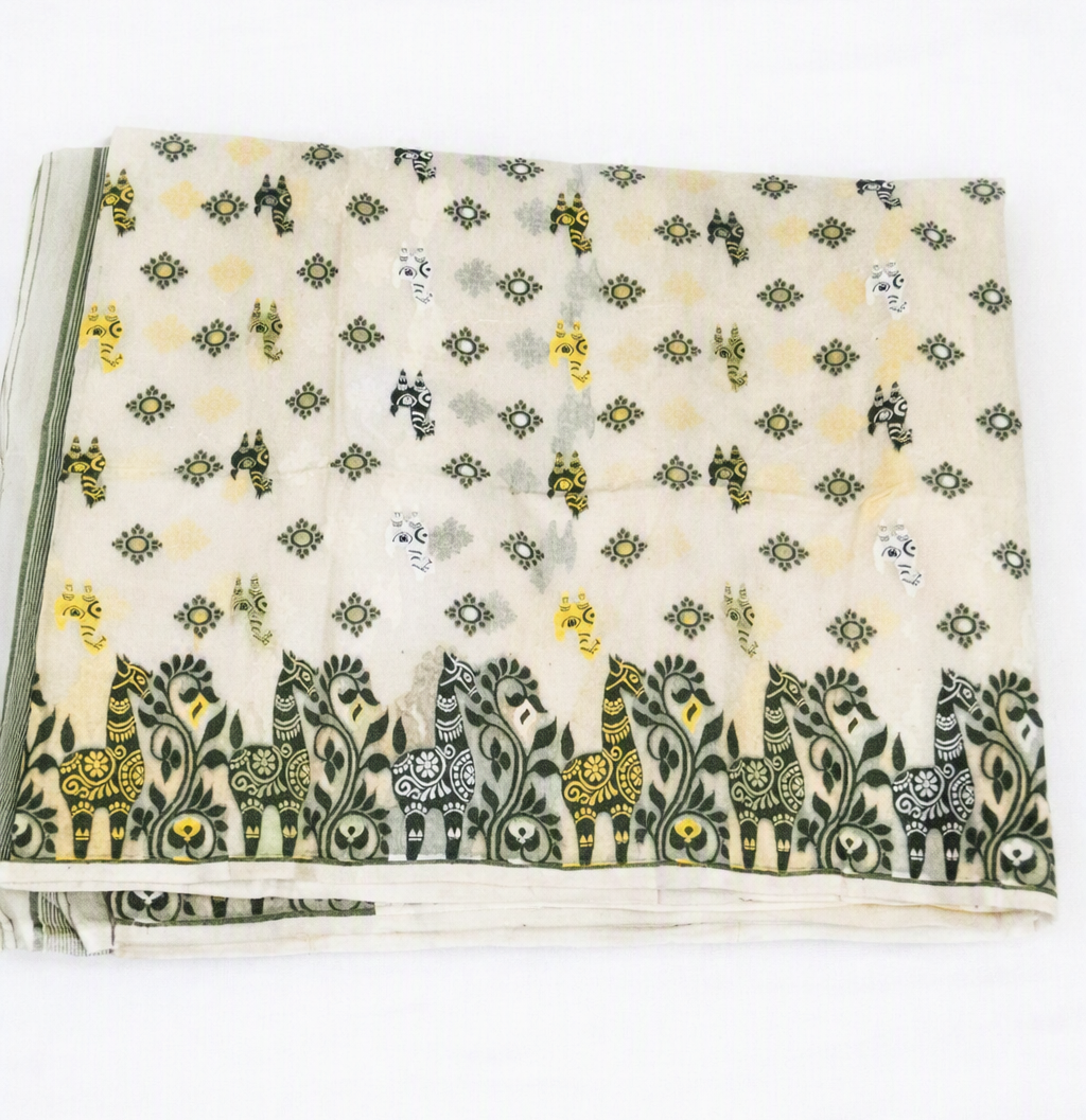 Off-White Cotton Jamdani Saree with Olive Green & Yellow Giraffe Motif Weaving