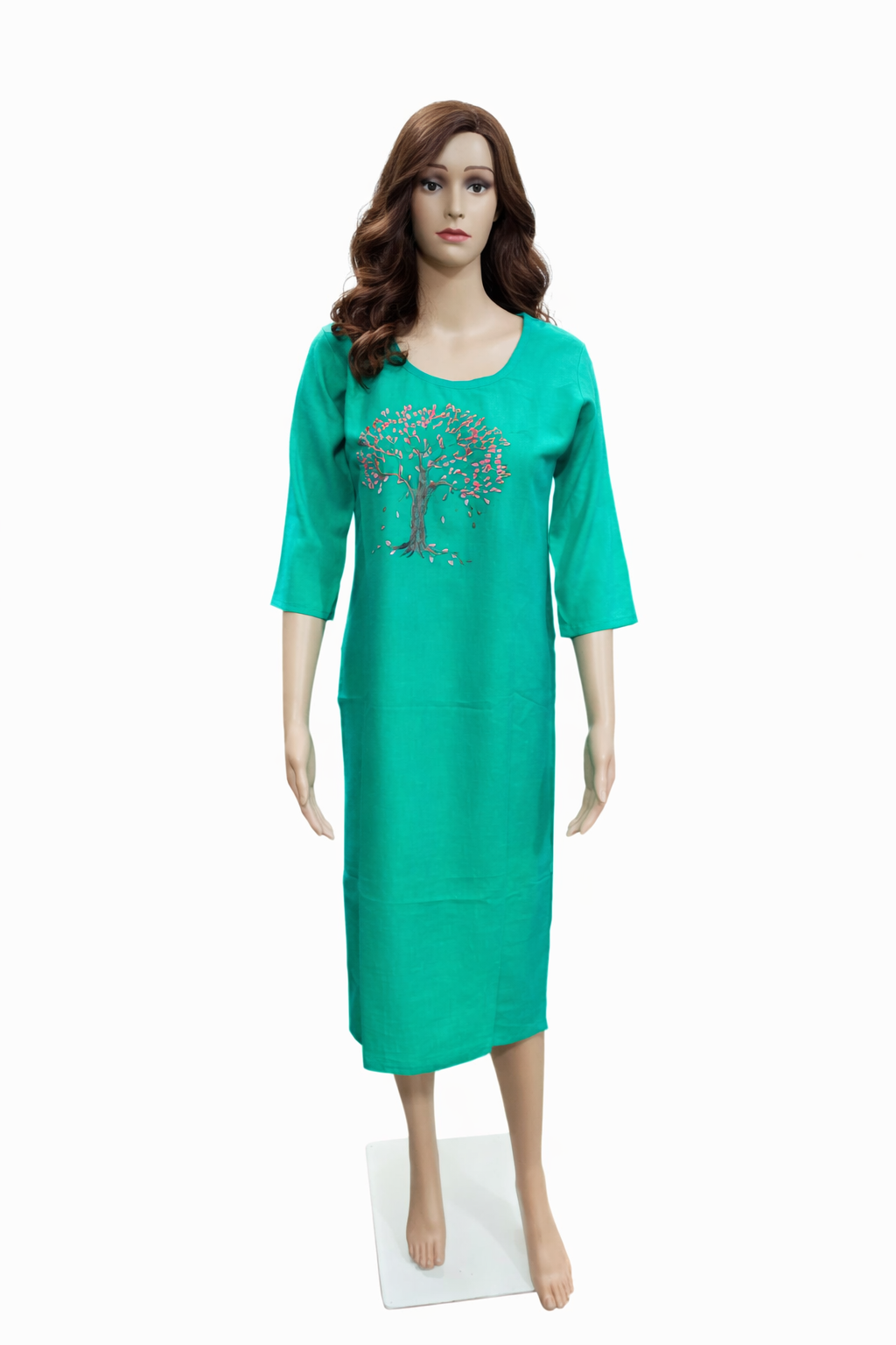 Sea Green Cotton Kurti with Artistic Tree Embroidery