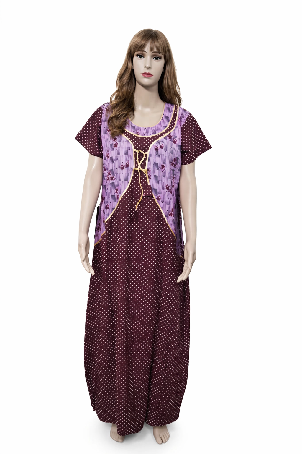 Polka Dot Printed Cotton Nighty with Contrast Bodice (Elan Cut)