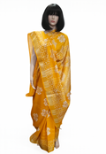 Mustard Yellow and White Linen Batik Print Saree