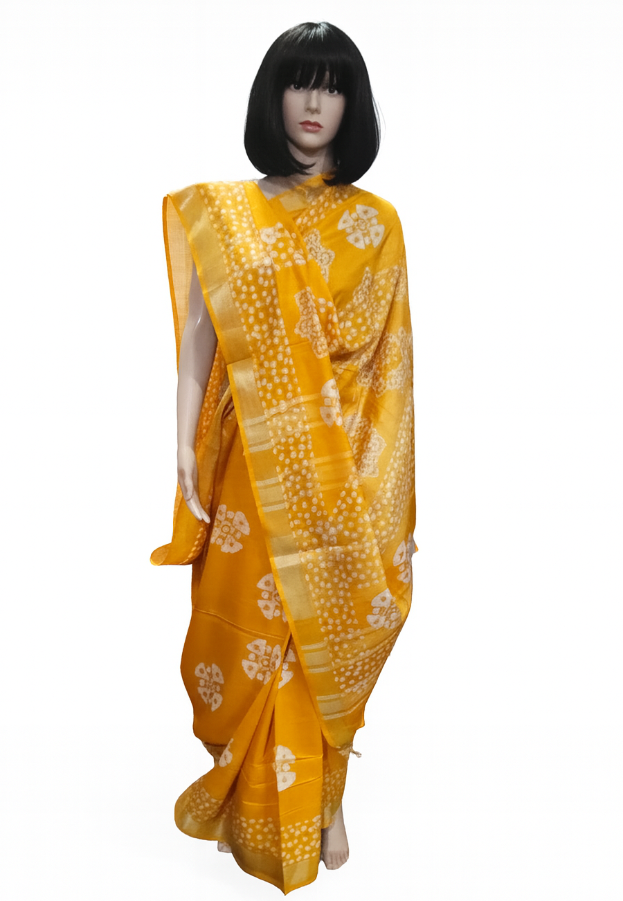 Mustard Yellow and White Linen Batik Print Saree