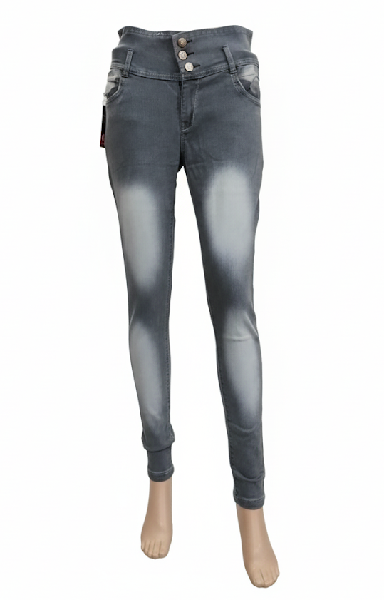 High-Waist Washed Grey Skinny Jeans with Triple Button Closure