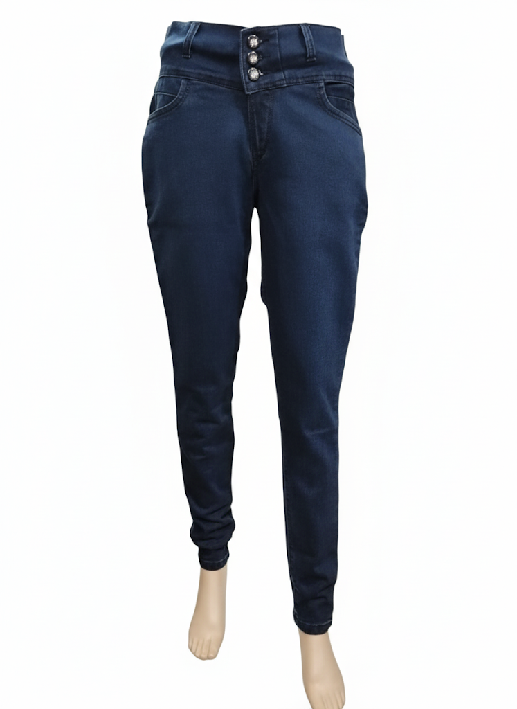 High-Waist Washed Blue Skinny Jeans with Triple Button Closure