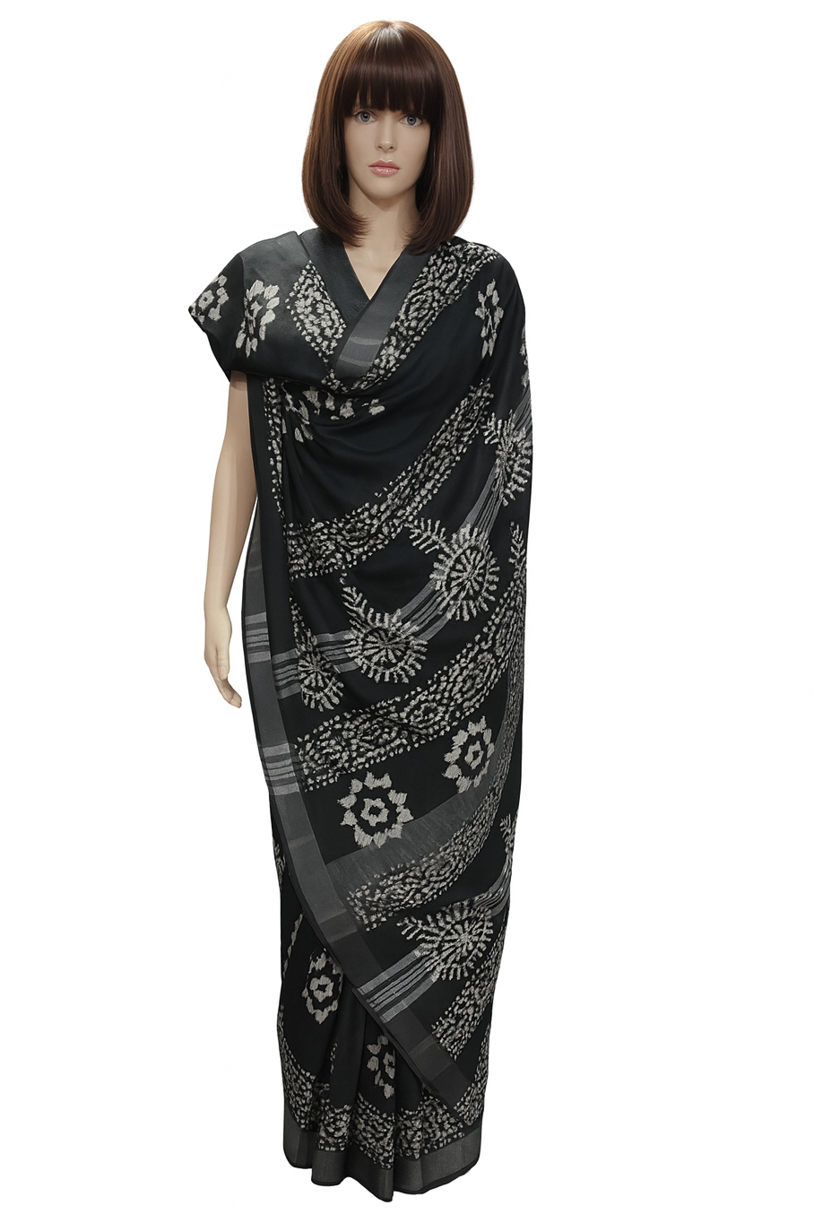 Black and White Linen Batik Print Saree