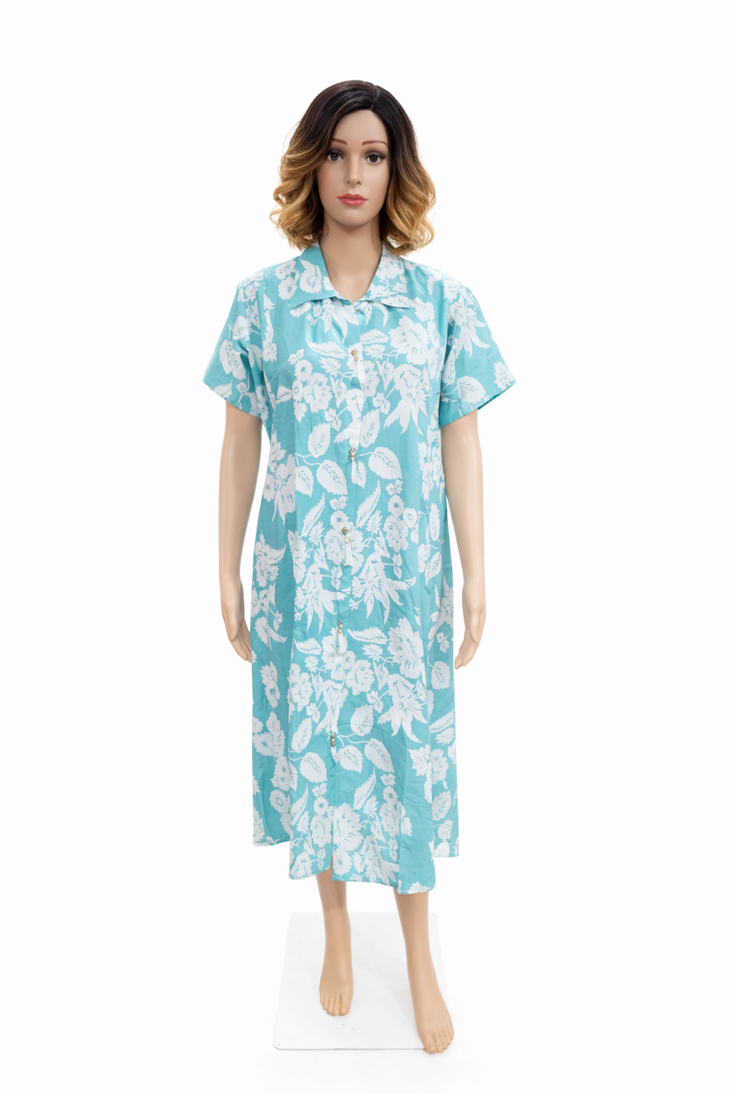 Sky Blue Floral Button-Down Midi Dress with Tassel Detail