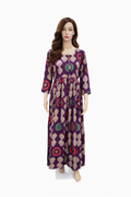 Deep Violet Bohemian Printed Rayon Gown with Gathered Waist