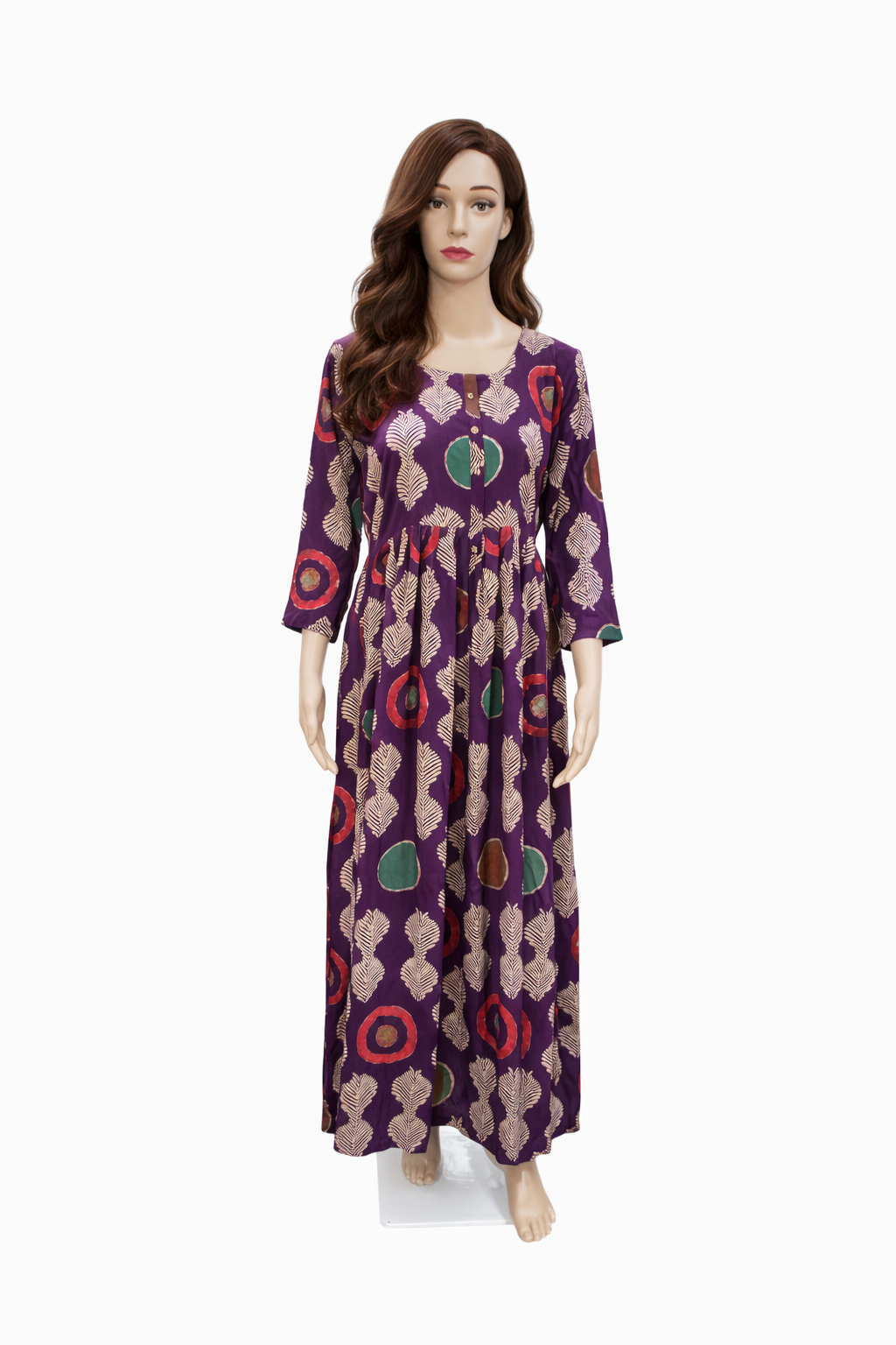 Deep Violet Bohemian Printed Rayon Gown with Gathered Waist